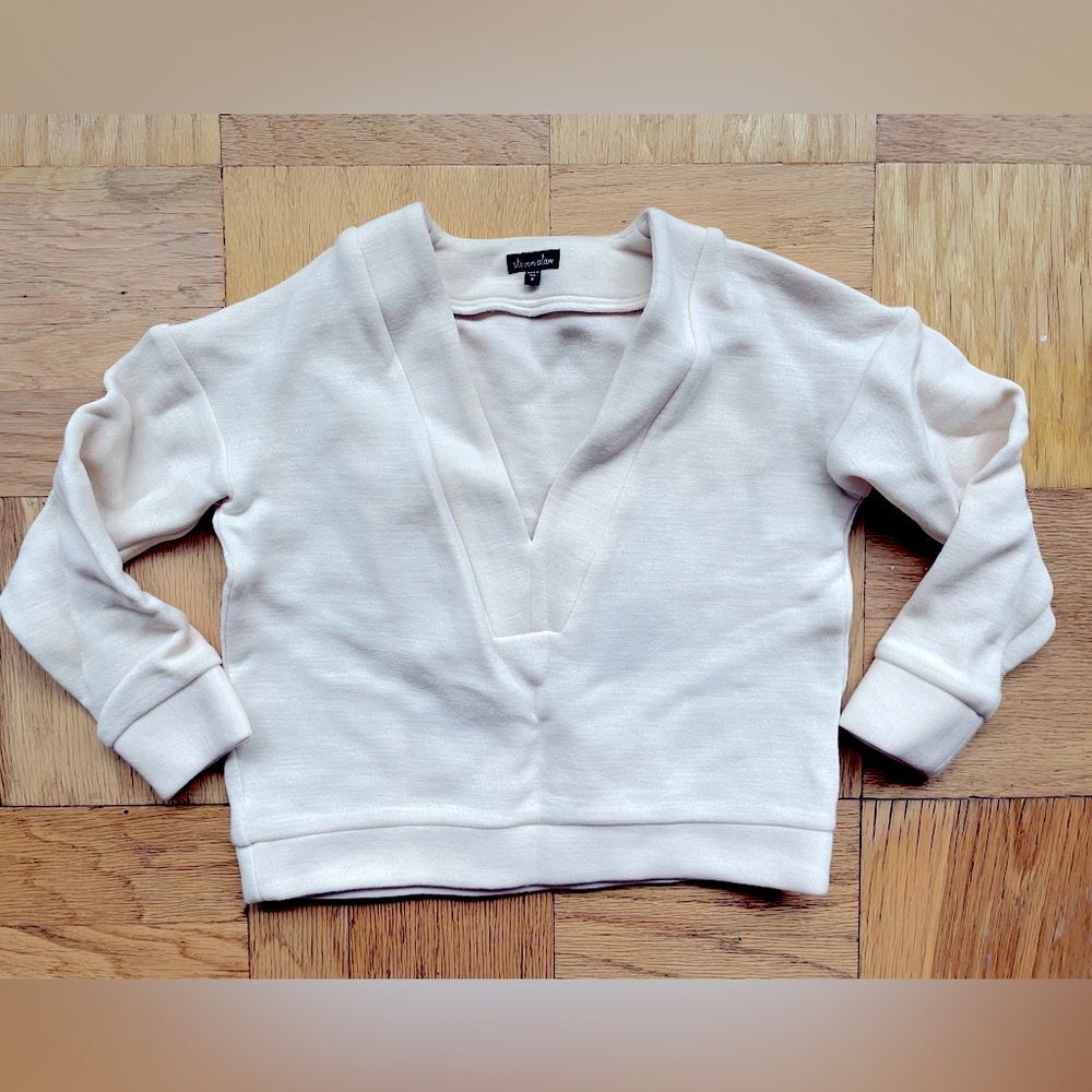Steven Alan Cream 90% Wool V-Neck Preppy/Minimalist 3/4 Sleeve Sweater, Sz XS